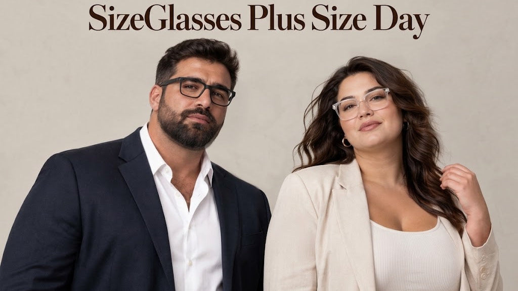 Two plus-size people wearing stylish glasses are smiling at each other in a neutral-toned room. Above them, text reads, "SizeGlasses Plus Size Day."
