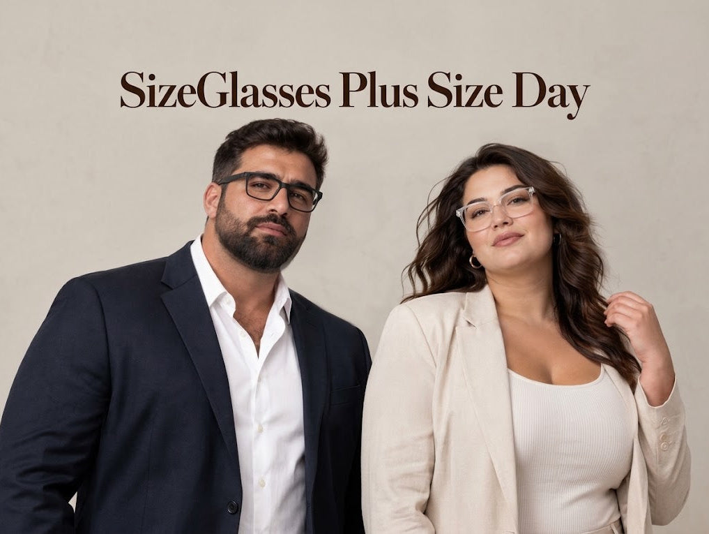 Two plus-size people wearing stylish glasses are smiling at each other in a neutral-toned room. Above them, text reads, "SizeGlasses Plus Size Day."