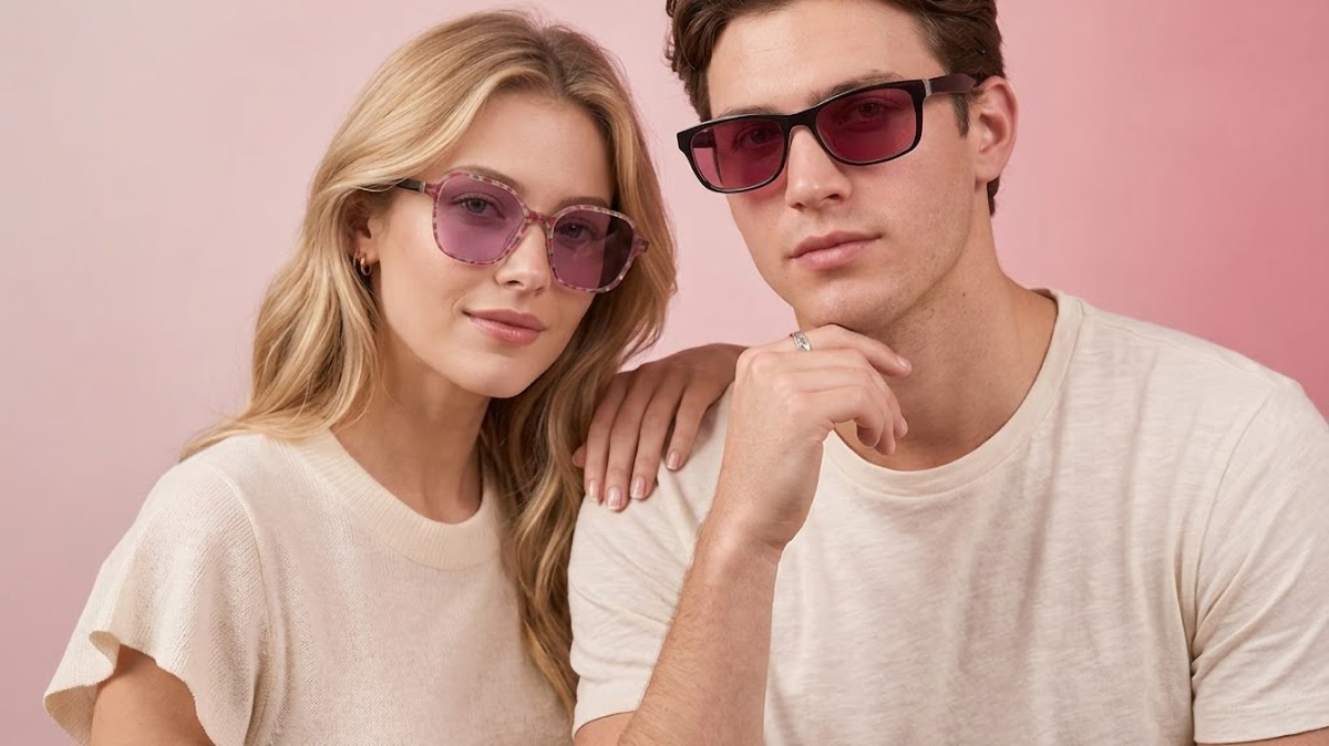 Two American models, a man and a woman, are both wearing glasses with FL-41 lenses.