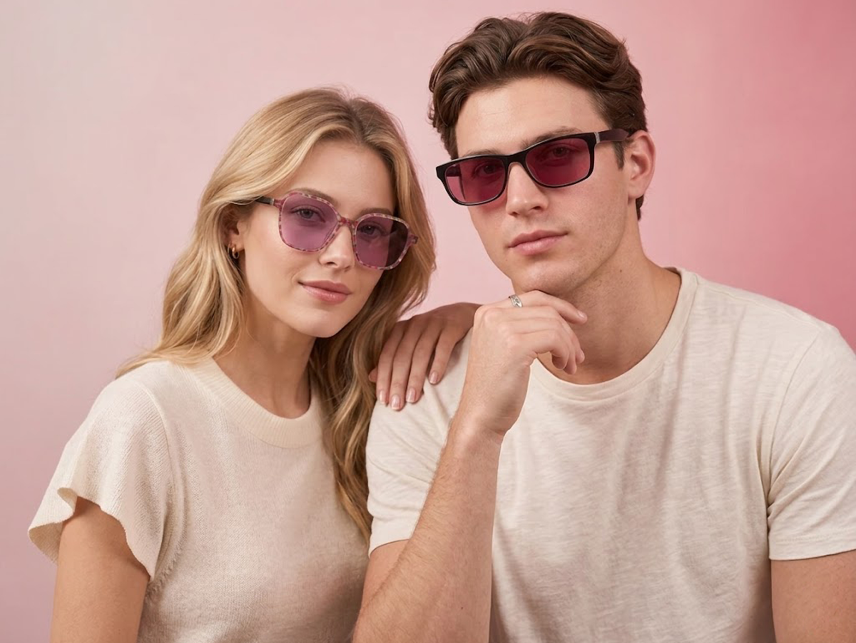 Two American models, a man and a woman, are both wearing glasses with FL-41 lenses.