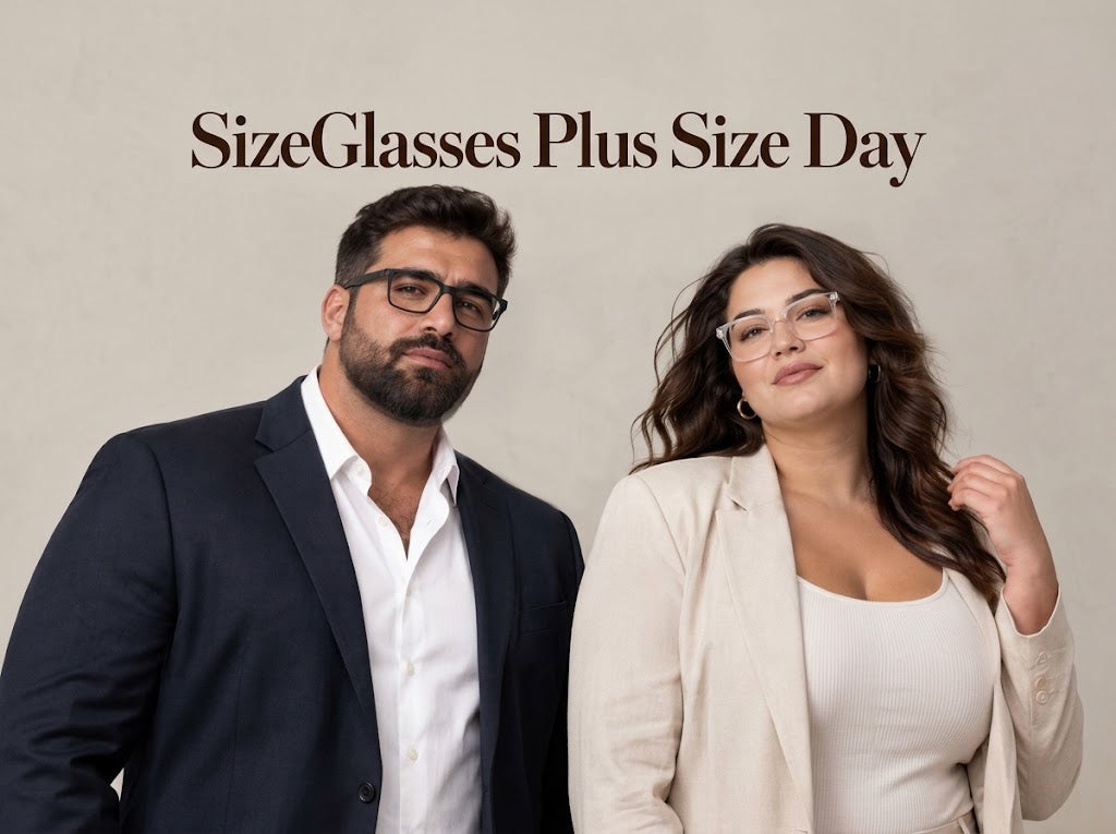 Two plus-size people wearing stylish glasses are smiling at each other in a neutral-toned room. Above them, text reads, "SizeGlasses Plus Size Day."