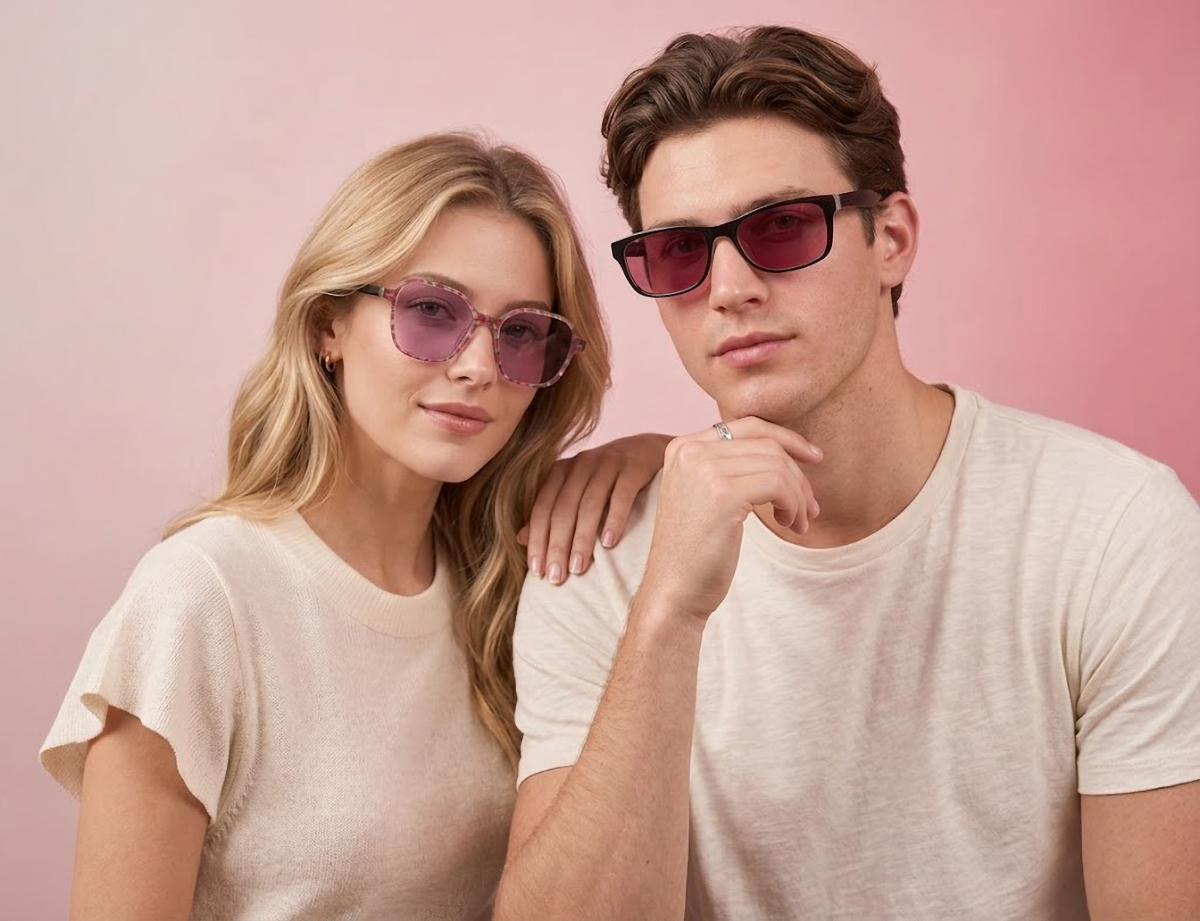Two American models, a man and a woman, are both wearing glasses with FL-41 lenses.